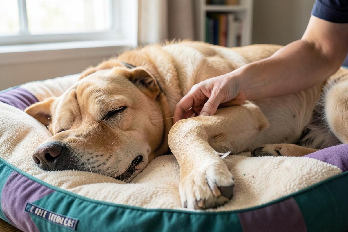 Oudere hond rust op een zacht orthopedisch hondenbed terwijl zijn elleboog wordt verzorgd