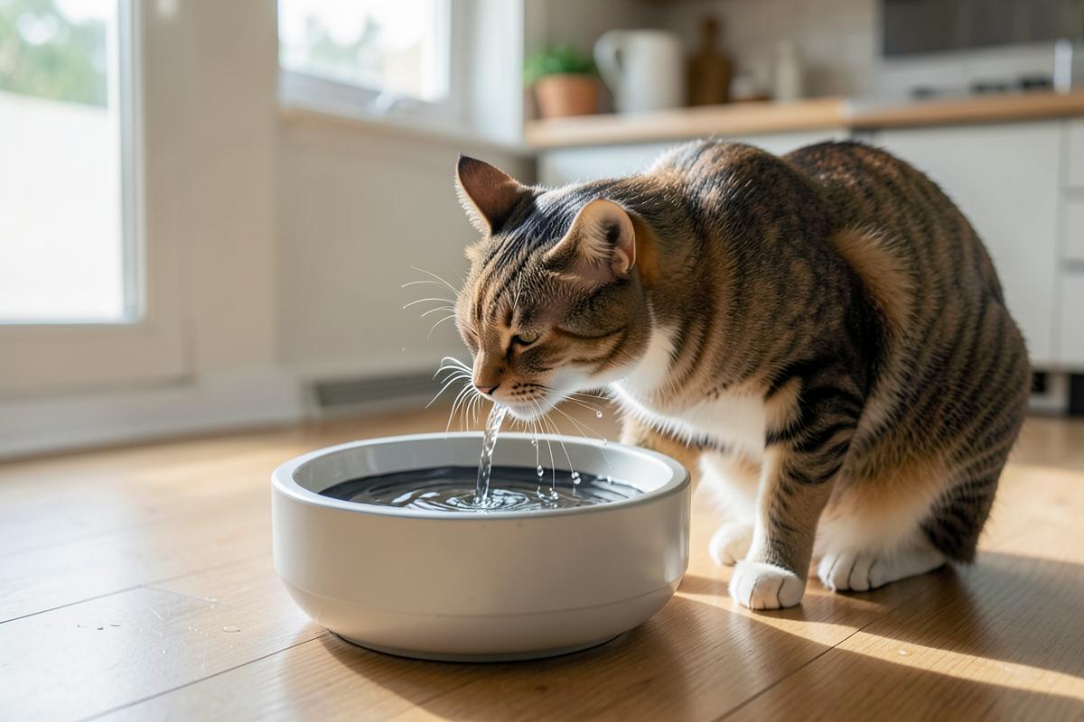 Kat drinkt uit een moderne drinkfontein met stromend water
