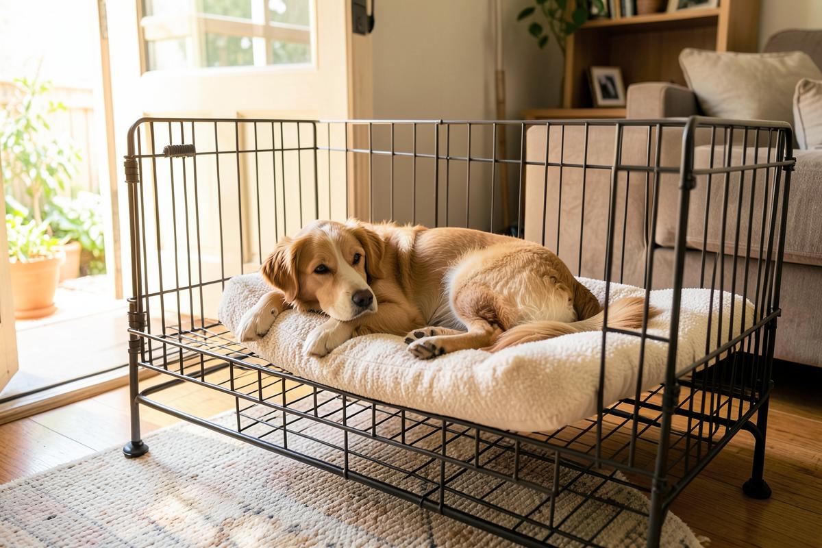Hond ligt ontspannen in een metalen hondenbench met zacht kussen