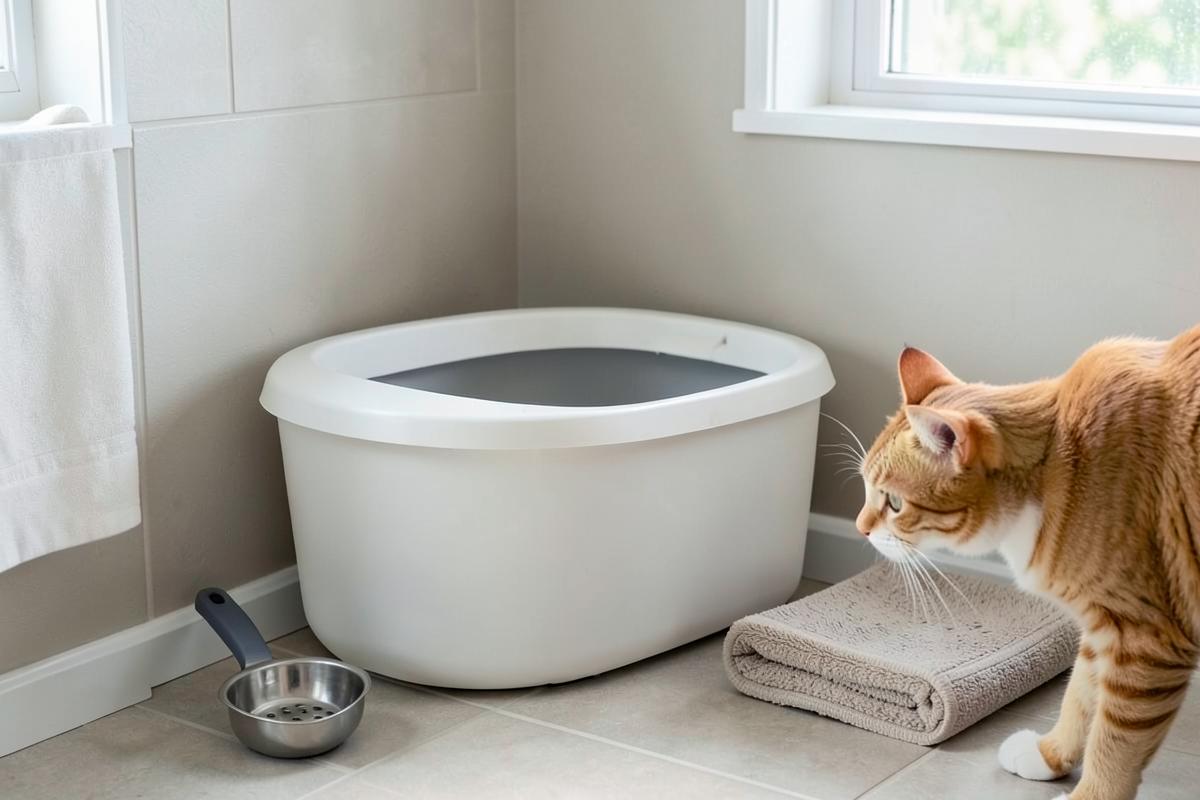 Propere kattenbak met schepje en mat in een badkamerhoek