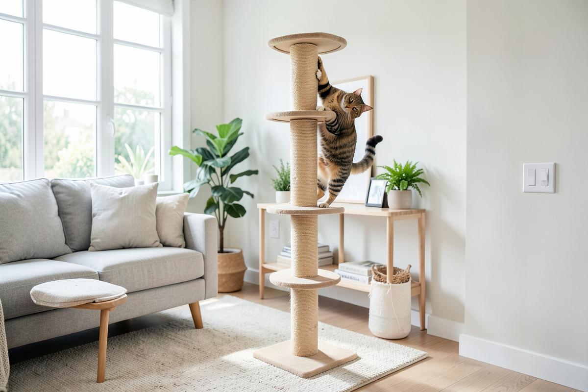 Kat klimt op een hoge sisal krabpaal in een lichte woonkamer