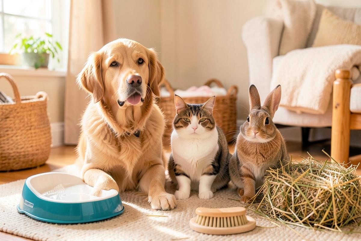 Hond, kat en konijn samen in huis met voerbak, borstel en hooi
